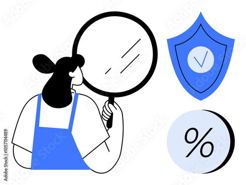 Woman holding a magnifying glass, accompanied by a check-marked security shield and percentage symbol. Ideal for security, analysis, finance, scrutiny, trust, inspection, safeguarding themes. Line