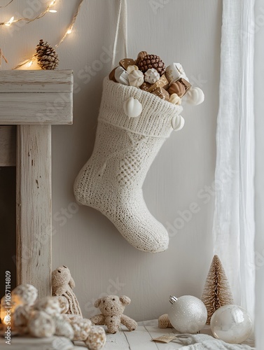 white christmas stocking with gifts and decorations hanging by the fireplace	