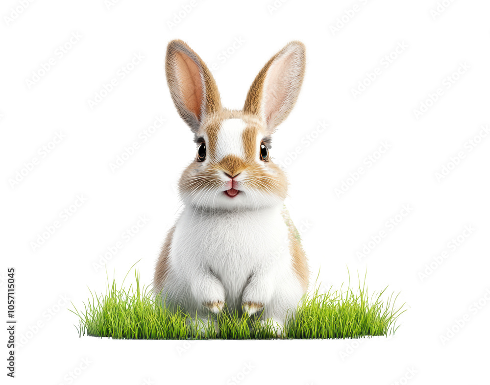 Fototapeta premium Cute rabbit sitting on grass with white background