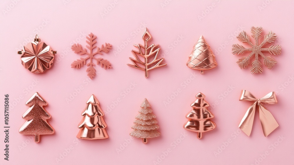 A row of gold colored Christmas trees and bows A row of gold colored Christmas trees and bows
