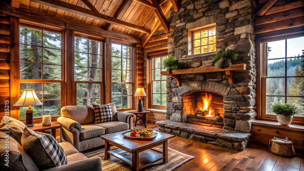Rustic cabin interior with fireplace and cozy blankets Rustic cabin interior with fireplace and cozy blankets