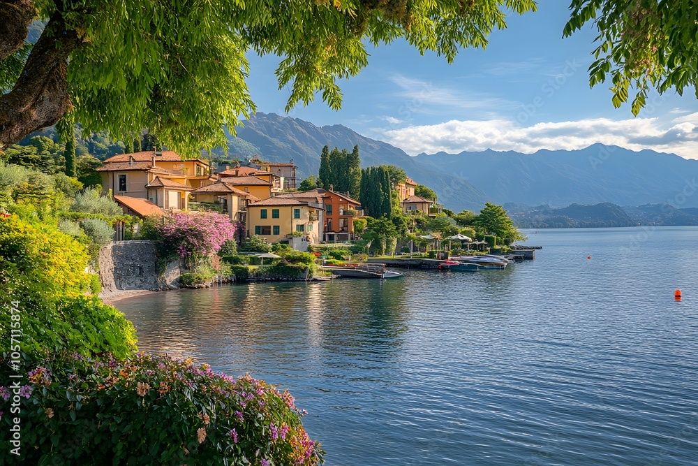 Naklejka premium Picturesque Lakefront Village with Mountains and Boats in the Background