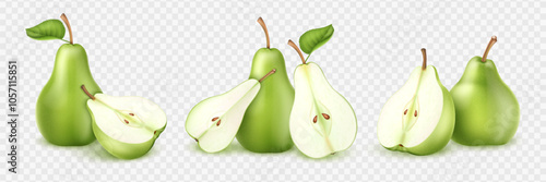 Realistic 3D pear fruits. Set of whole, slice and piece of green ripe pears isolated on transparent background.