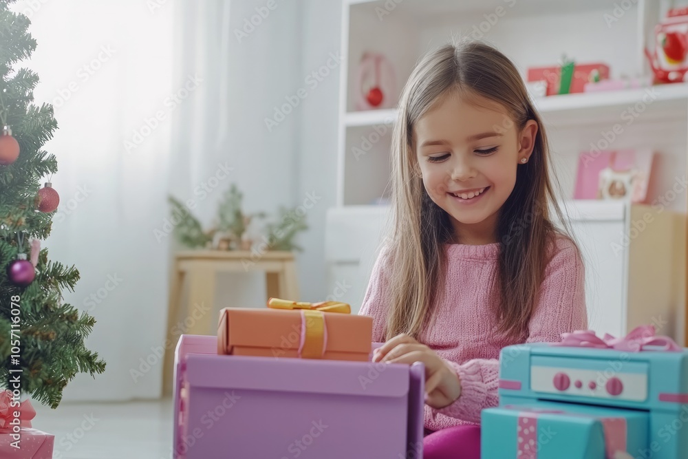 Little girl sits in a living room opening presents with a Christmas tree and gift boxes, 