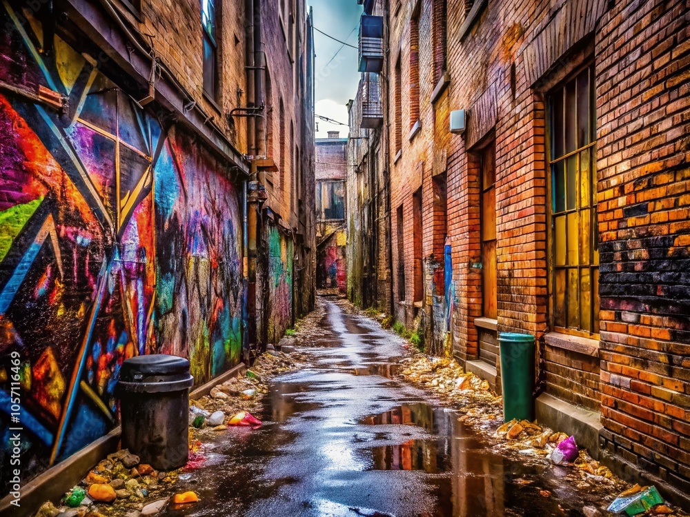 Macro Photography of a Narrow Alleyway with Vibrant Graffiti and Urban Rubbish Macro Photography of a Narrow Alleyway with Vibrant Graffiti and Urban Rubbish