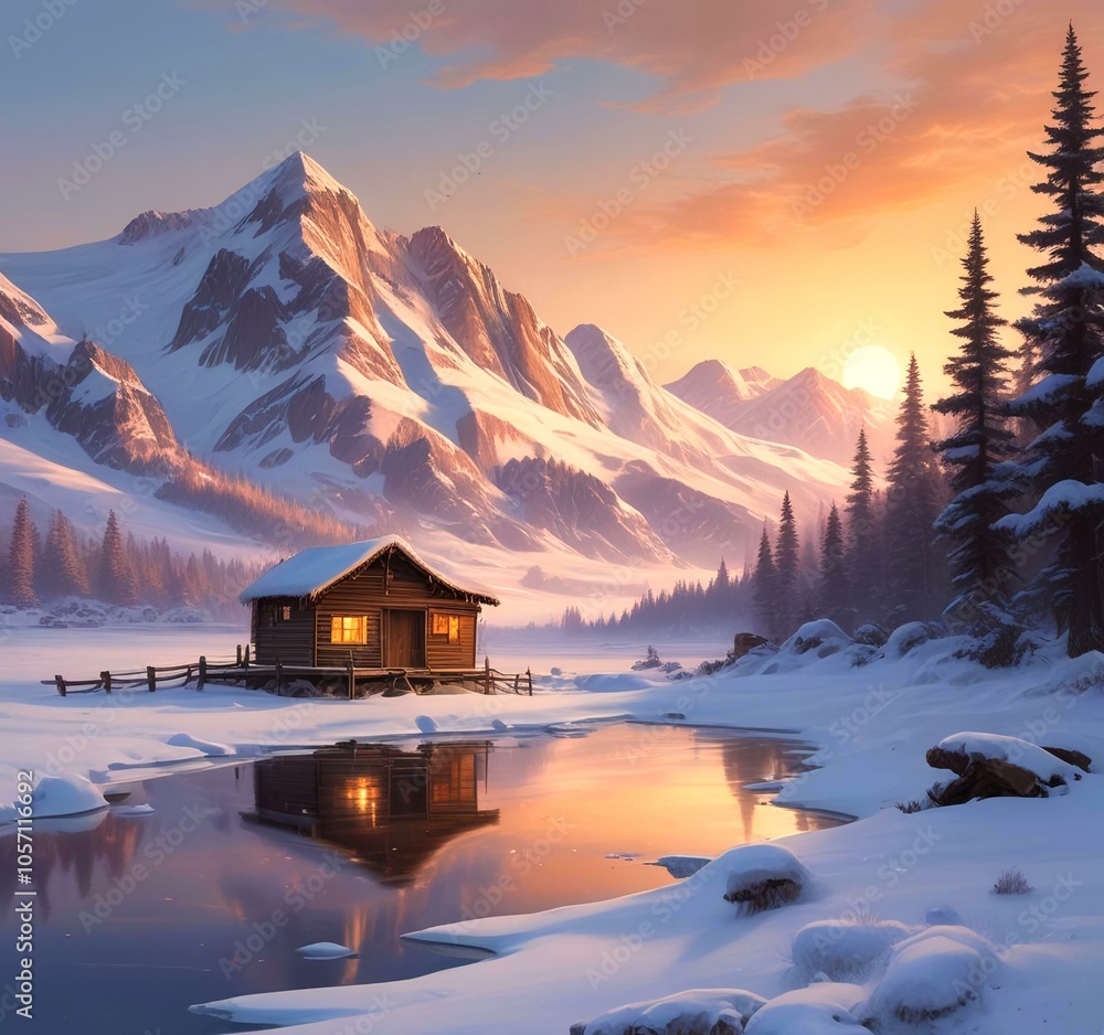 Fototapeta premium Illustration winter landscape with cabin in mountain.