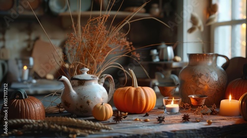 Autumn-themed Still-life in a Scandinavian kitchen with dried grass, pumpkins, teapot, and candles. photo