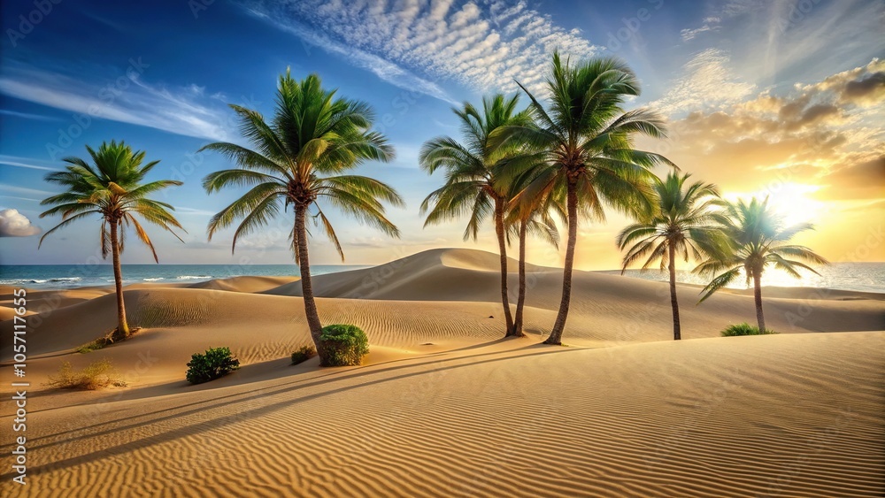 Sandy dunes stretching towards a horizon with palm trees swaying gently in the breeze, deserted coastline, nature photography Sandy dunes stretching towards a horizon with palm trees swaying gently in the breeze, deserted coastline, nature photography