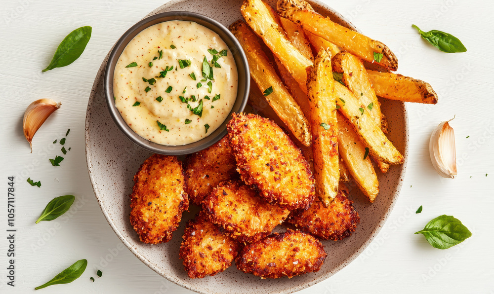 Delicious Crumbed Chicken with Herb-Infused Dip and Seasoned Potato Wedges Delicious Crumbed Chicken with Herb-Infused Dip and Seasoned Potato Wedges
