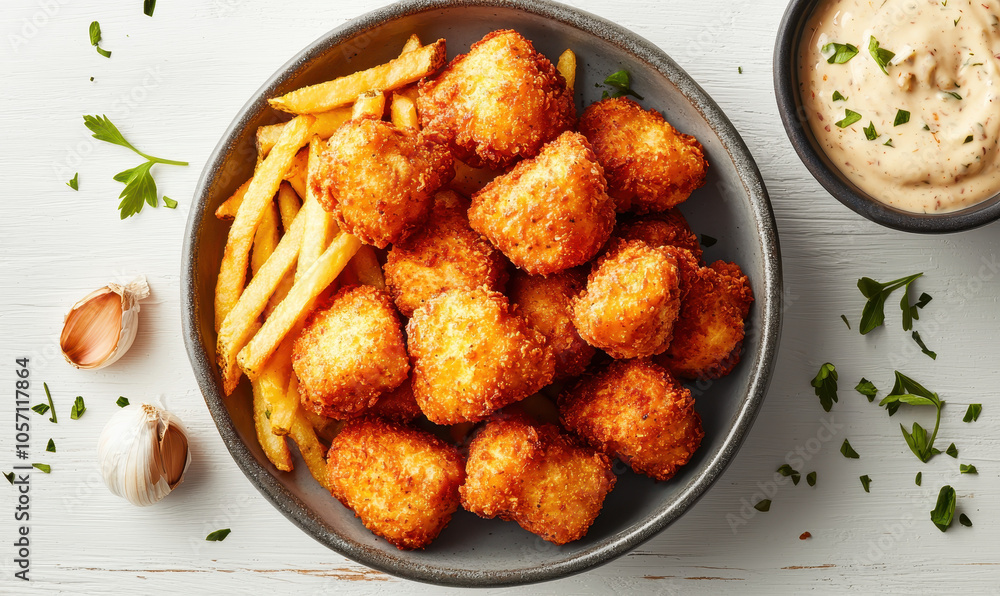 Delicious Crispy Chicken Nuggets with Fries and Creamy Garlic Dip Delicious Crispy Chicken Nuggets with Fries and Creamy Garlic Dip