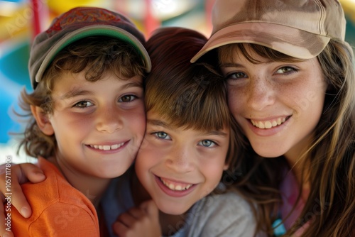 Parent and two children having a bright day at a theme park