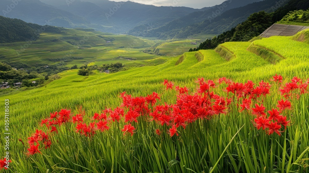 Red Spider Lily in a Lush Green Valley Red Spider Lily in a Lush Green Valley