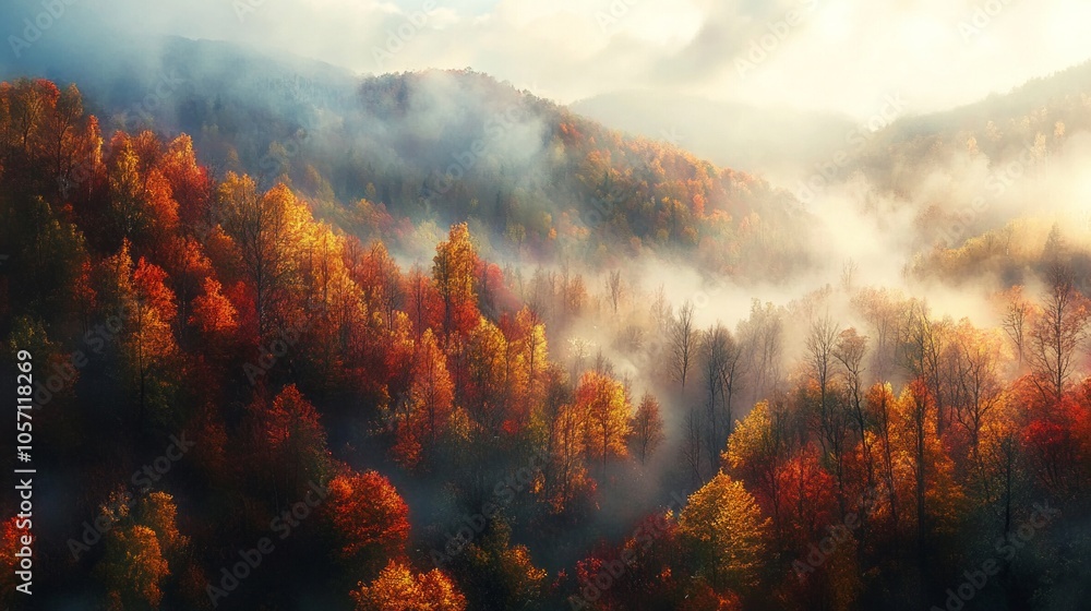 A mountain range covered in trees with a foggy mist A mountain range covered in trees with a foggy mist