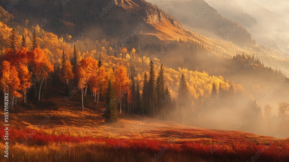 Fototapeta premium A mountain range with trees in the foreground and a foggy sky in the background