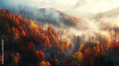 A mountain range covered in trees with a foggy mist