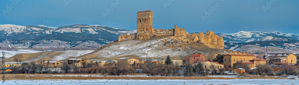 Fototapeta premium A snowy mountain with a castle on top and a small town below