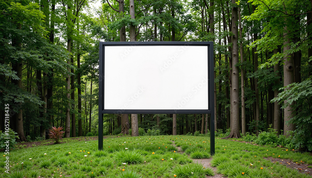 Fototapeta premium street banner mockup PSD. Empty billboard in a lush forest with greenery all around and copy space for advertising