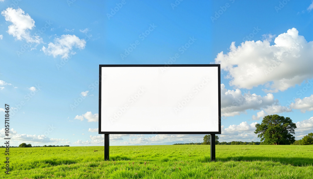 street banner mockup PSD. Empty billboard in a grassy field under a blue sky with fluffy clouds and copy space for advertising street banner mockup PSD. Empty billboard in a grassy field under a blue sky with fluffy clouds and copy space for advertising