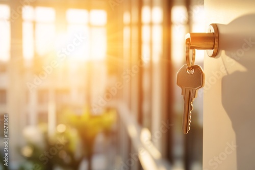 Wallpaper Mural A pair of keys hanging in a door lock, with sunlight streaming through the window in a cozy living space during the early morning Torontodigital.ca