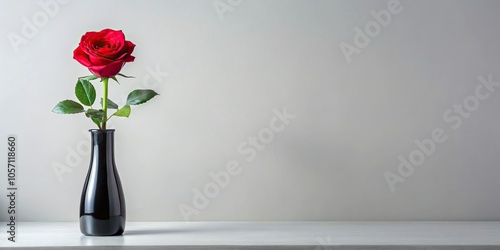 Single long-stemmed red rose in a sleek black glass vase on a modern white desk, single, vase, office, decor, desk