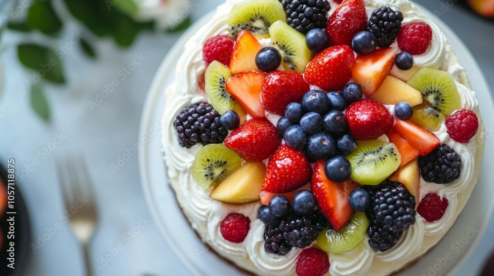 fruit birthday cake top view