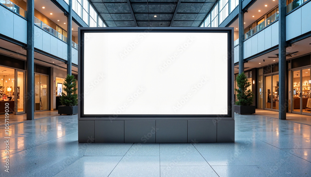 street banner mockup PSD. Empty billboard in a modern shopping mall with polished floors and retail stores street banner mockup PSD. Empty billboard in a modern shopping mall with polished floors and retail stores