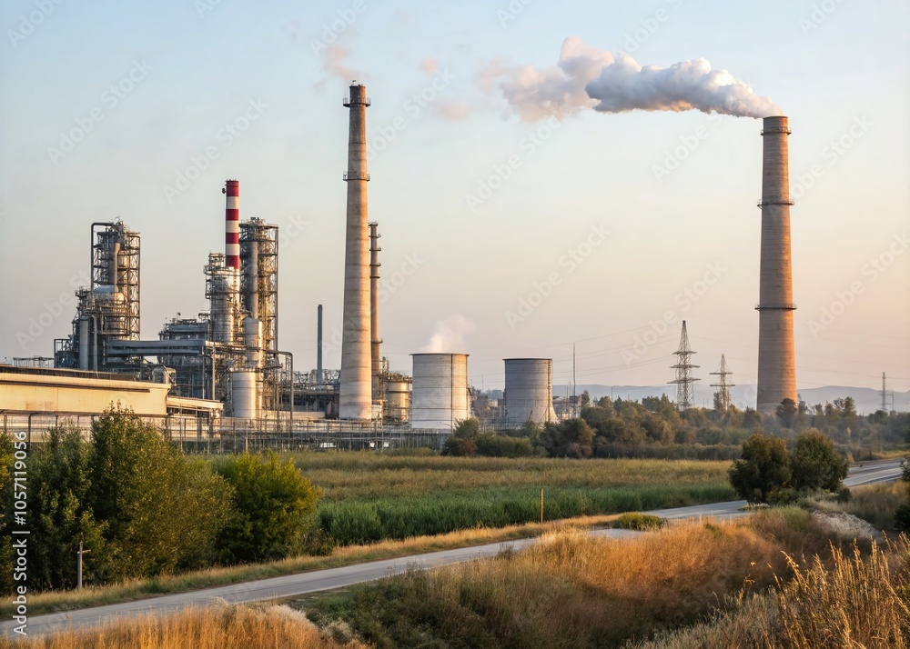 Majestic High Chimneys Against a Clear Blue Sky - Industrial Landscape Photography Majestic High Chimneys Against a Clear Blue Sky - Industrial Landscape Photography