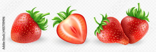 Set of red ripe detailed strawberry, whole slice and pieces isolated on transparent background.