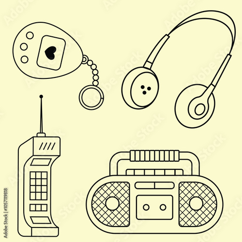 A set of 90s elements consisting of a digital pet toy, headphones, a landline telephone, and a radio tape recorder.