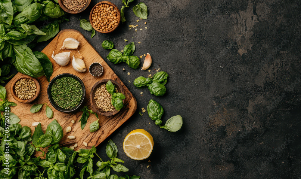 Fresh Herbs and Spices Arrangement with Lemon and Garlic on Rustic Background Fresh Herbs and Spices Arrangement with Lemon and Garlic on Rustic Background