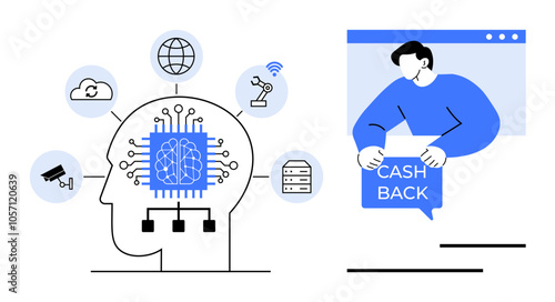 Abstract outline of the human head with technological icons such as a circuit and cloud, alongside a person holding a cash-back sign on a browser interface. Ideal for technology advancement