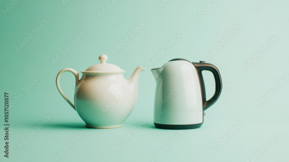 classic porcelain teapot and modern electric kettle are displayed side by side against mint green background, showcasing contrast between traditional and contemporary design classic porcelain teapot and modern electric kettle are displayed side by side against mint green background, showcasing contrast between traditional and contemporary design