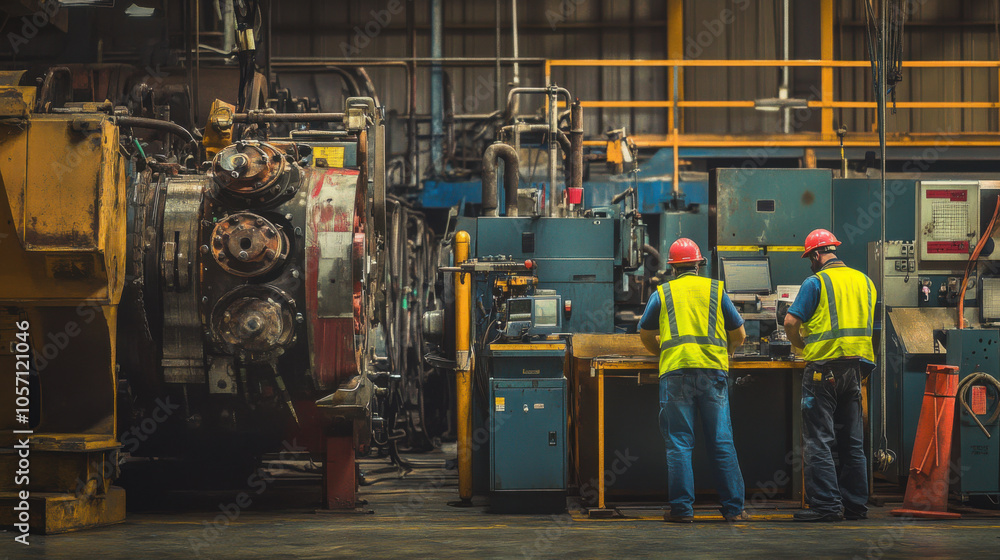 Workers in safety vests examining factory equipment, showcasing collaborative environment focused on safety and efficiency. industrial setting highlights machinery and teamwork Workers in safety vests examining factory equipment, showcasing collaborative environment focused on safety and efficiency. industrial setting highlights machinery and teamwork