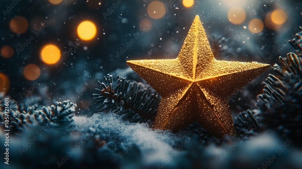 A gold star is on top of a snowy ground A gold star is on top of a snowy ground