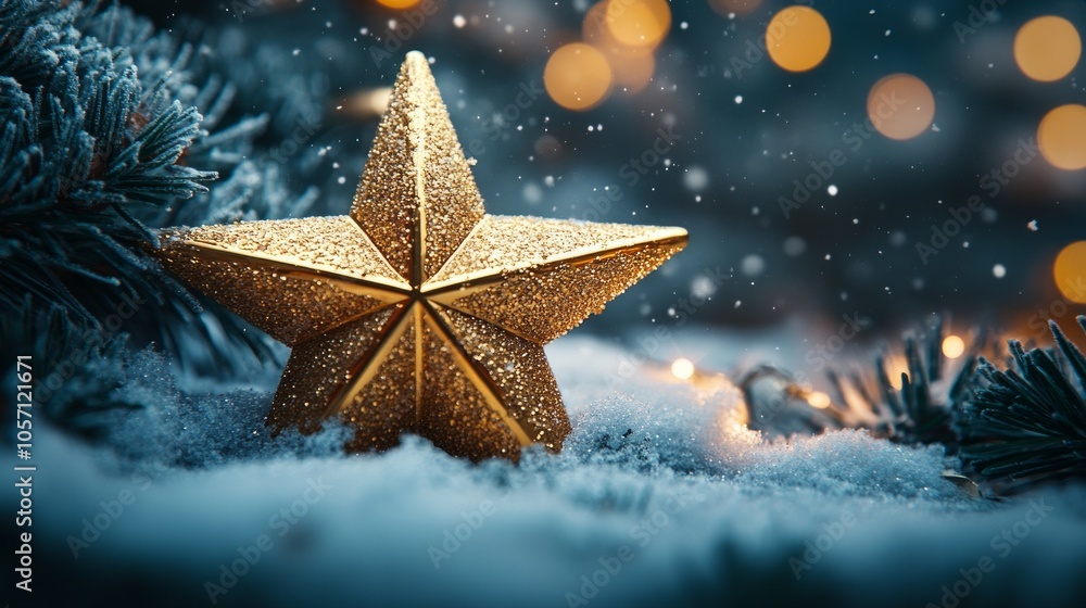 A gold star is sitting on top of the snow A gold star is sitting on top of the snow