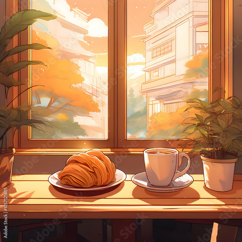 Lofi Anime Cafe Scene - Cozy Morning with Coffee and Croissant by the Window