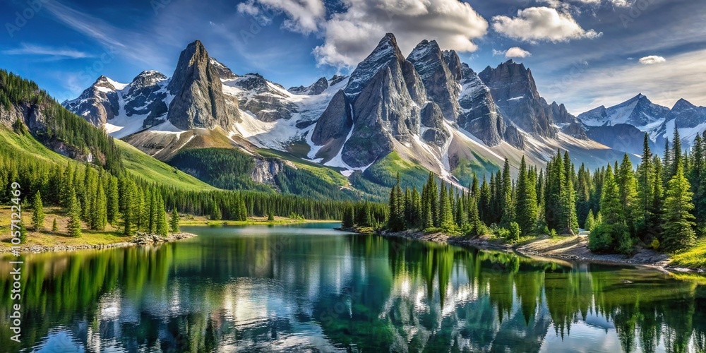 Fototapeta premium Towering granite peaks with snow-capped summits, lush green forests and serene lakes, mountain range, forest landscape