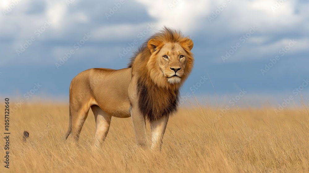 Fototapeta premium Majestic Lion Standing on Sunlit Savanna with Dramatic Cloudy Sky and Golden Sun Rays, Regal Wildlife in Deep Shadows