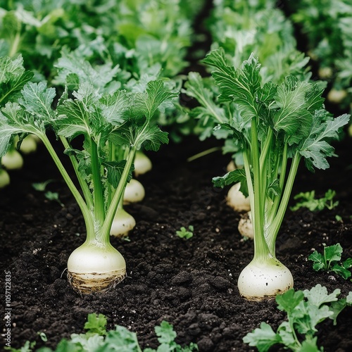 Wallpaper Mural Fresh white turnips growing in rich, dark soil amidst vibrant green leaves. Torontodigital.ca