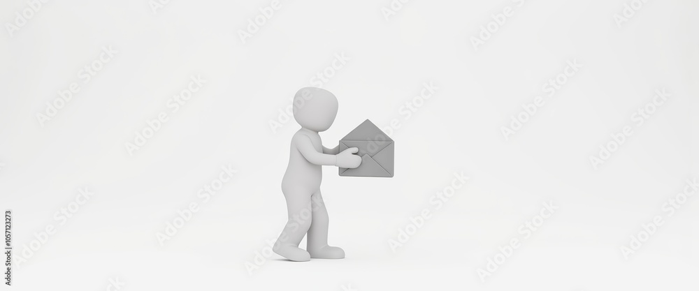 3D stick figure mail carrier minimalist style communication theme with copy space for mail-related content 3D stick figure mail carrier minimalist style communication theme with copy space for mail-related content