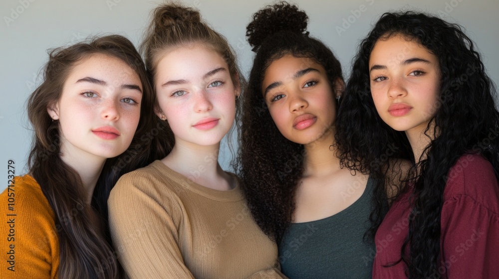 Obraz premium Four girls are standing together, one of them wearing a yellow shirt