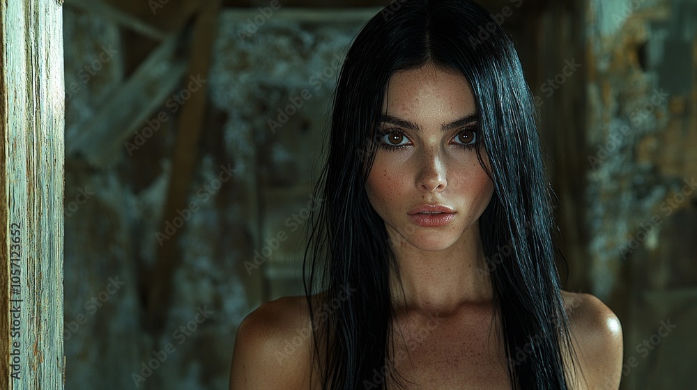Fototapeta premium A woman with long black hair and a pale face