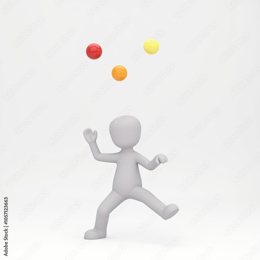 3D stick figure character balancing and juggling for productivity and multitasking visuals with copy space for tips 3D stick figure character balancing and juggling for productivity and multitasking visuals with copy space for tips