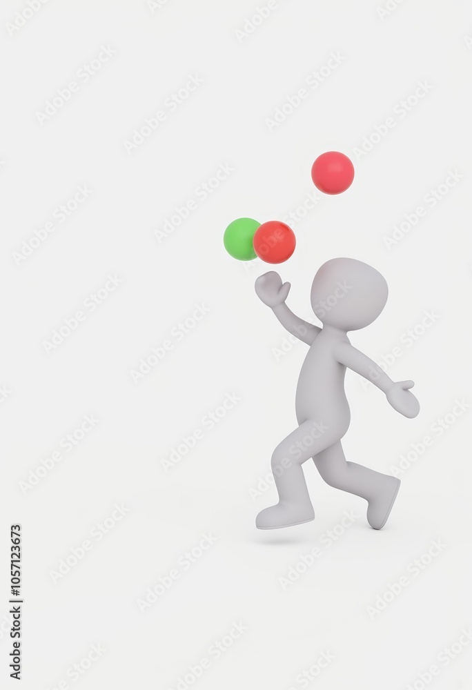 3D stick figure character balancing and juggling for multitasking themes with copy space for productivity tips 3D stick figure character balancing and juggling for multitasking themes with copy space for productivity tips