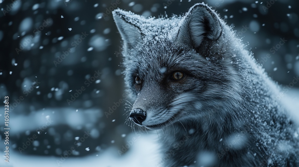 Naklejka premium Arctic Fox in Snow-Covered Tundra, Camouflaged with Swirling Snowflakes and Blue Hues Under Overcast Sky