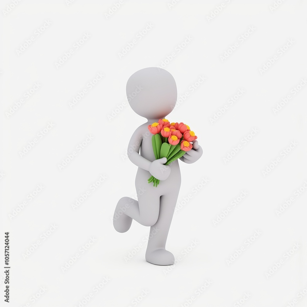 3D stick figure character holding a bouquet of flowers, white glossy style, ideal for kindness themes and special occasions with copy space for messages 3D stick figure character holding a bouquet of flowers, white glossy style, ideal for kindness themes and special occasions with copy space for messages