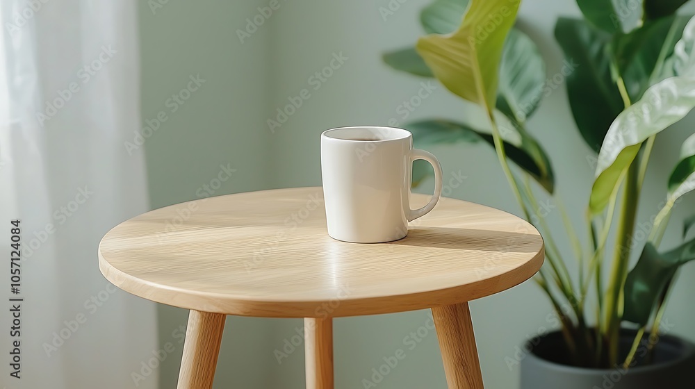 A peaceful morning scene featuring a simple mug on a wooden table surrounded by lush greenery and natural light A peaceful morning scene featuring a simple mug on a wooden table surrounded by lush greenery and natural light