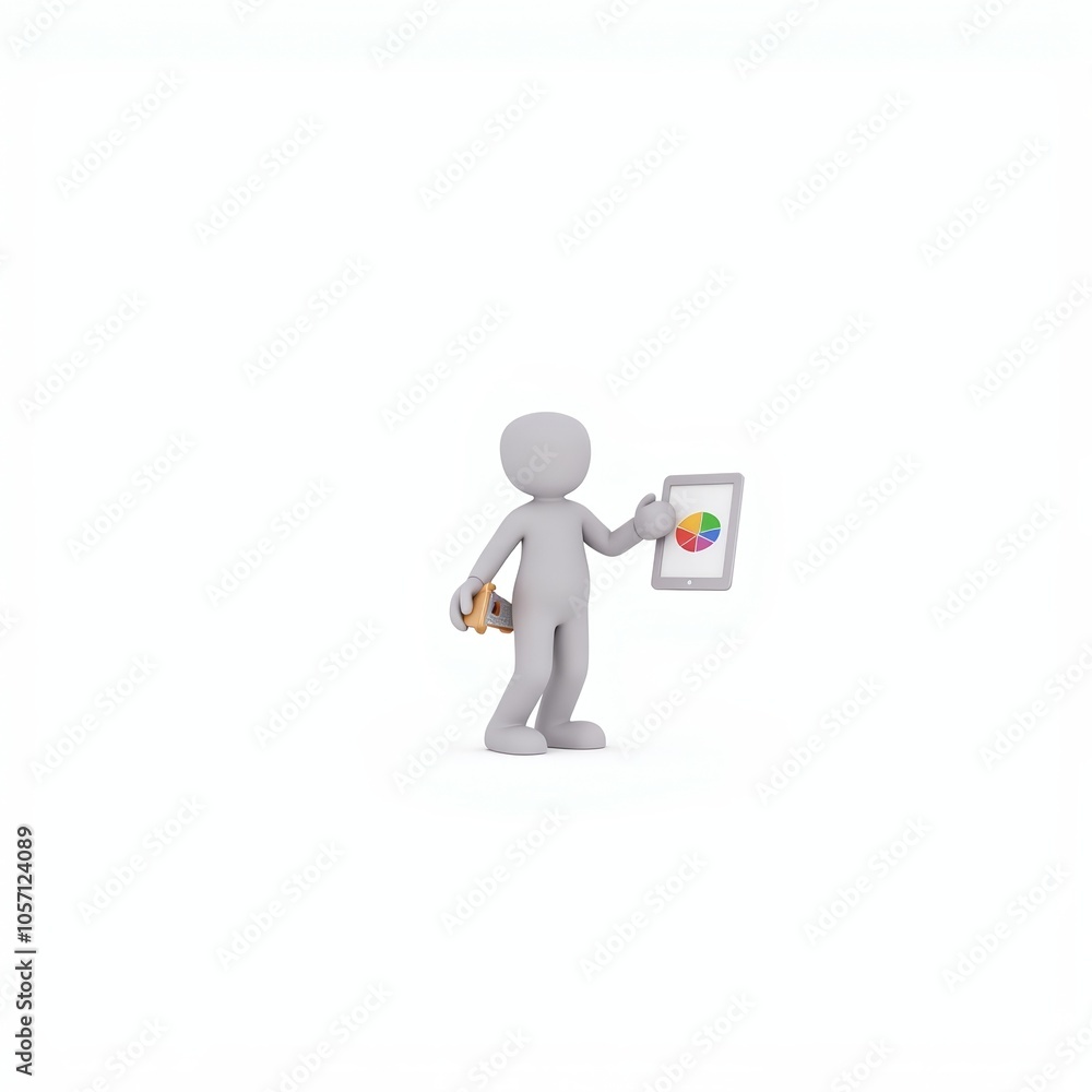 3D stick figure character presenting data analytics insights with a glossy white style, ideal for marketing visuals and business presentations with copy space 3D stick figure character presenting data analytics insights with a glossy white style, ideal for marketing visuals and business presentations with copy space