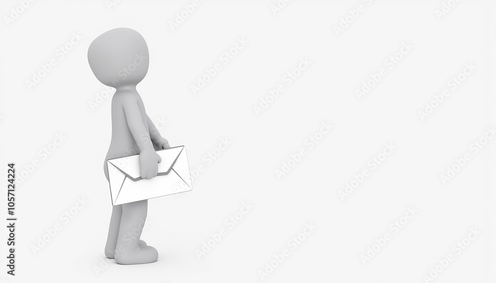 3D stick figure mail carrier minimalist design communication theme white background copy space 3D stick figure mail carrier minimalist design communication theme white background copy space