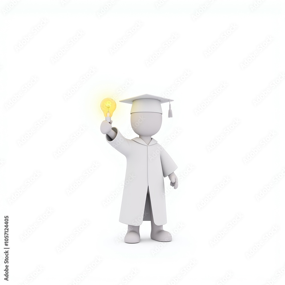 3D stick figure character celebrating graduation with a glowing light bulb, minimalist white style, ideal for educational content and future themes, with copy space 3D stick figure character celebrating graduation with a glowing light bulb, minimalist white style, ideal for educational content and future themes, with copy space